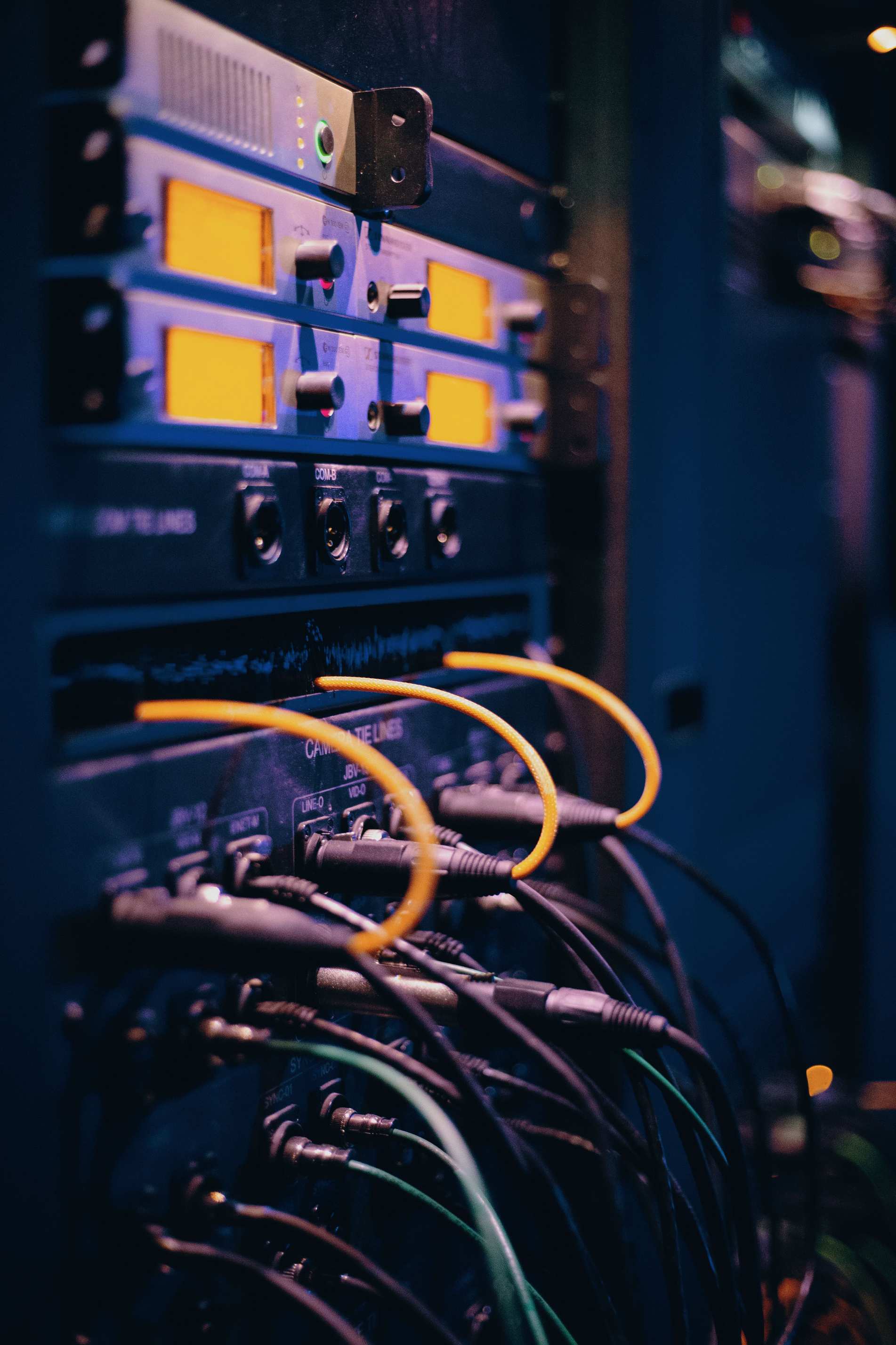 Close view of server hardware and network cabling in a server rack